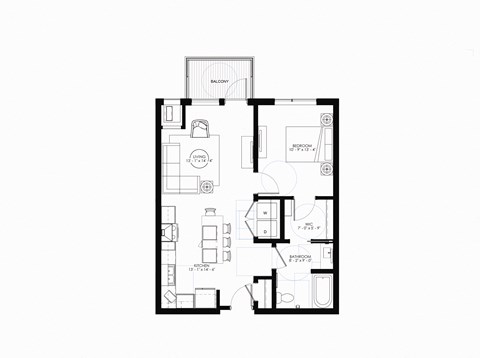 Floor plan for 1 bed, 1 bath, 763 sqft